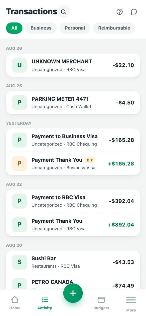 The transactions screen, grouped by day, with filters for all, business, personal and reimbursable.